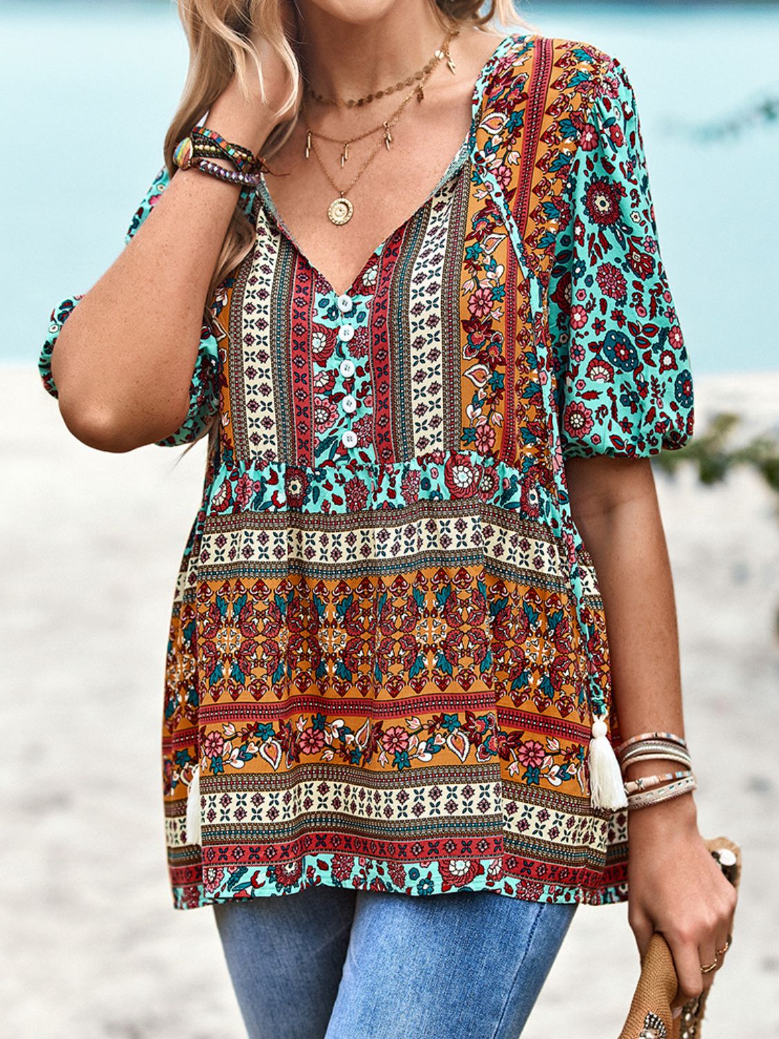 Bohemian Tie Neck Babydoll Blouse