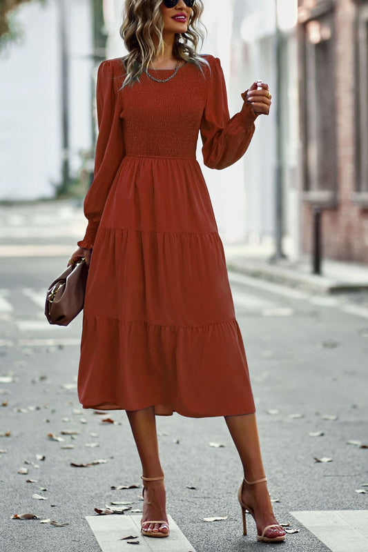 Uylees Boutique Smocked Long Puff Sleeve Tiered Midi Dress