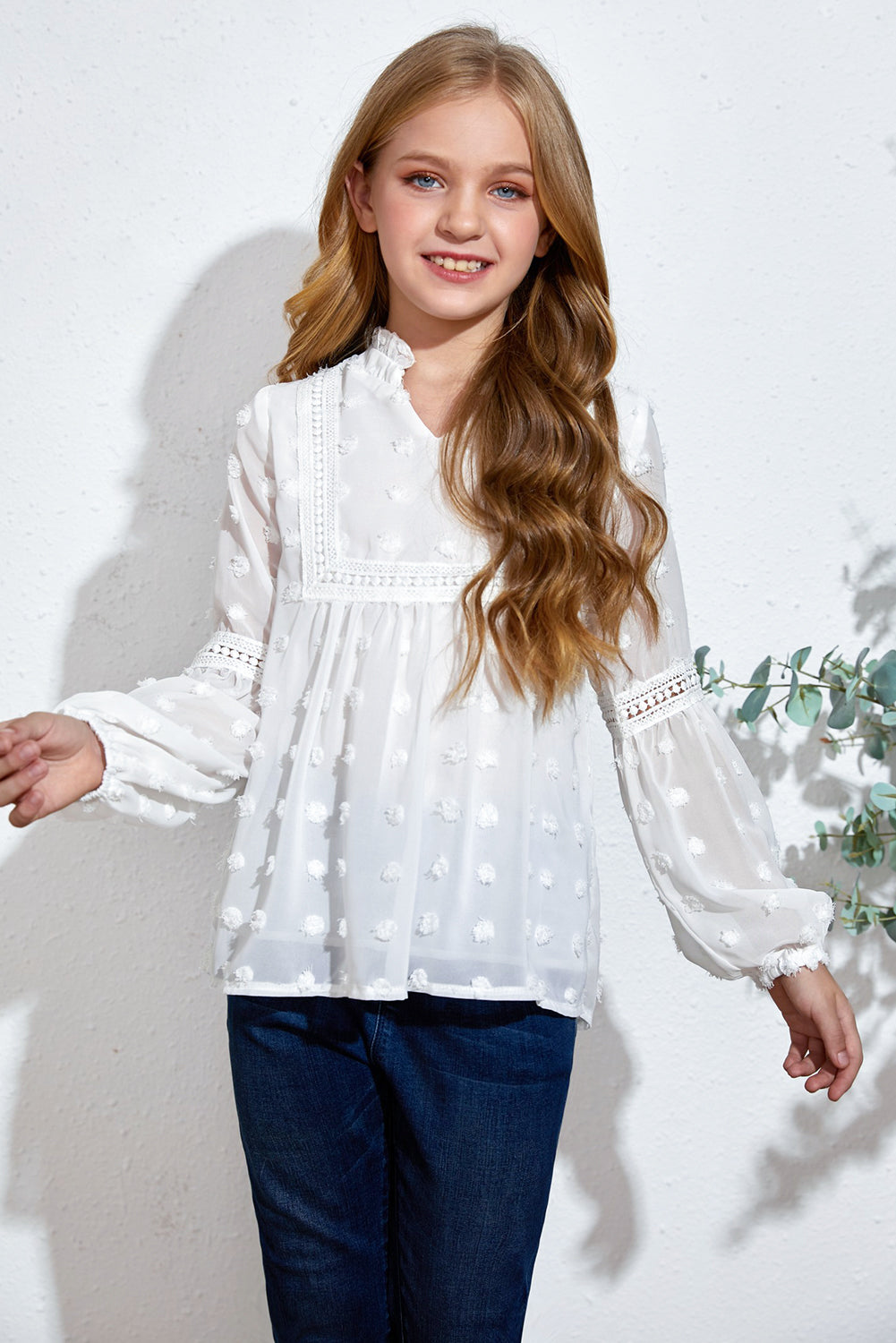 Uylee's Boutique Girls Swiss Dot Spliced Lace Notched Blouse