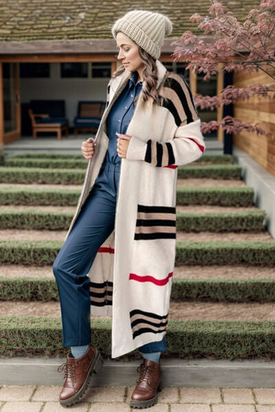 Striped Open Front Long Sleeve Longline Sweater Cardigan - Multiple Colors