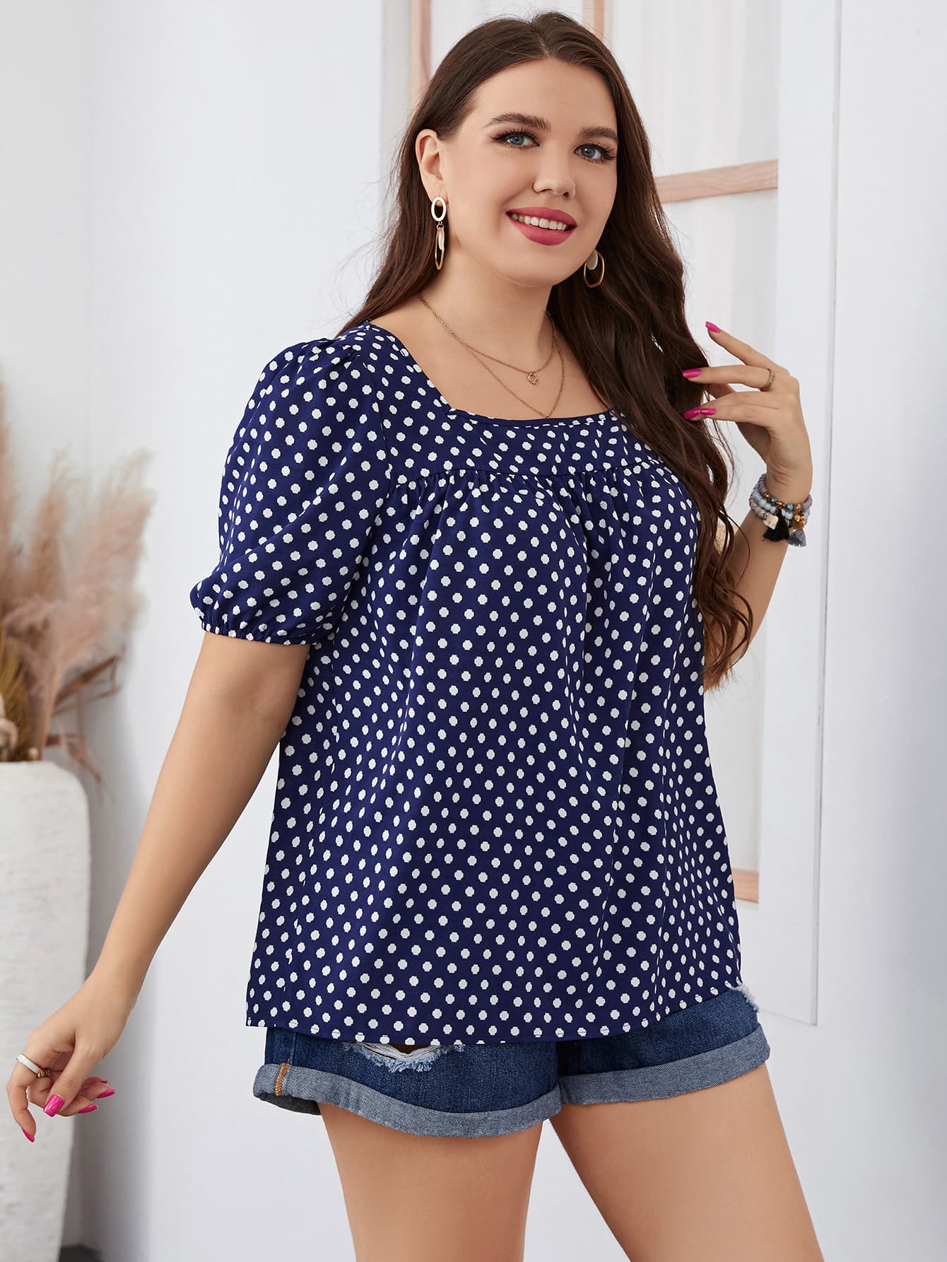 Plus Size Polka Dot Square Neck Blouse