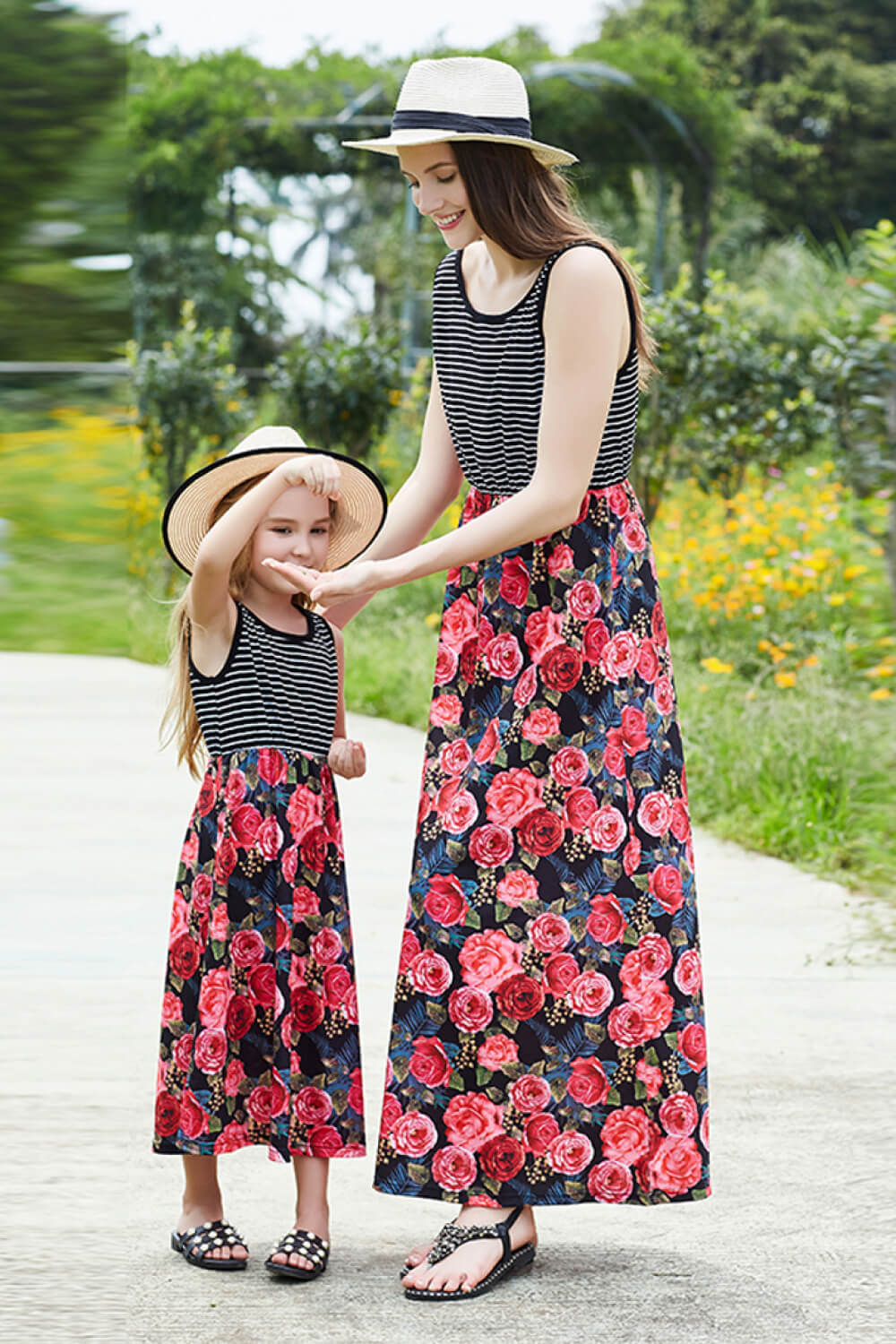 Mommy and Me Striped Floral Spliced Dress - Mom Size Dress, Sizes Small - XLarge