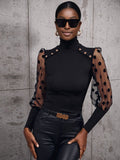 Buttoned Lantern Sleeve Turtle Neck Blouse