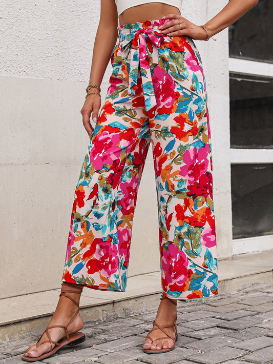 Uylee's Boutique Floral Tie Belt Wide Leg Pants