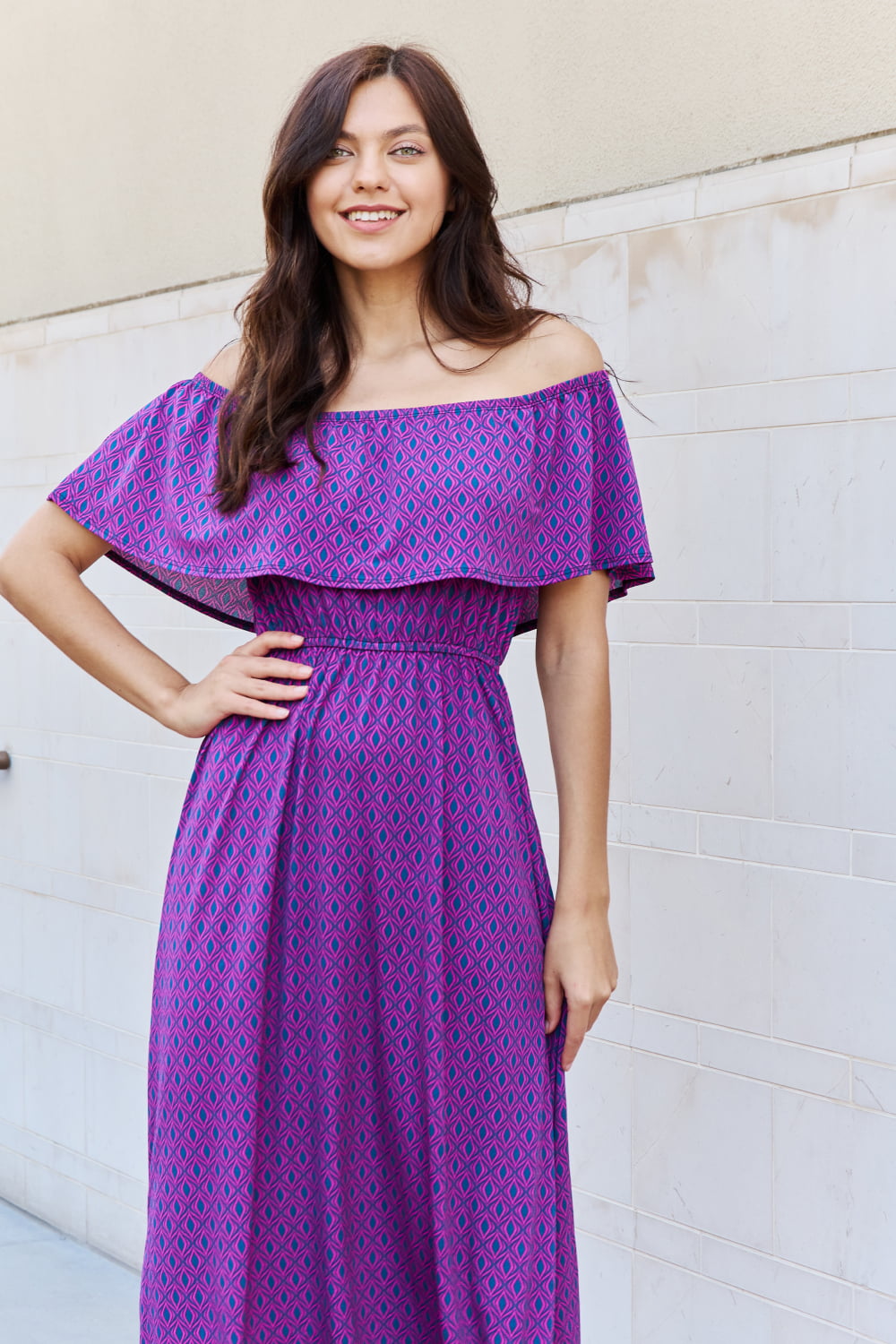 Uylees Boutique  My Best Angle Geometric Pattern Off The Shoulder Midi Dress in Purple