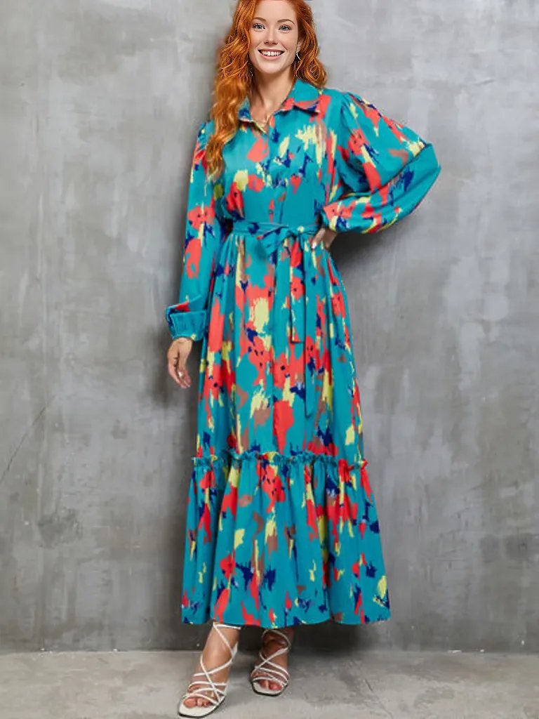 Frill Tied Printed Balloon Sleeve Dress