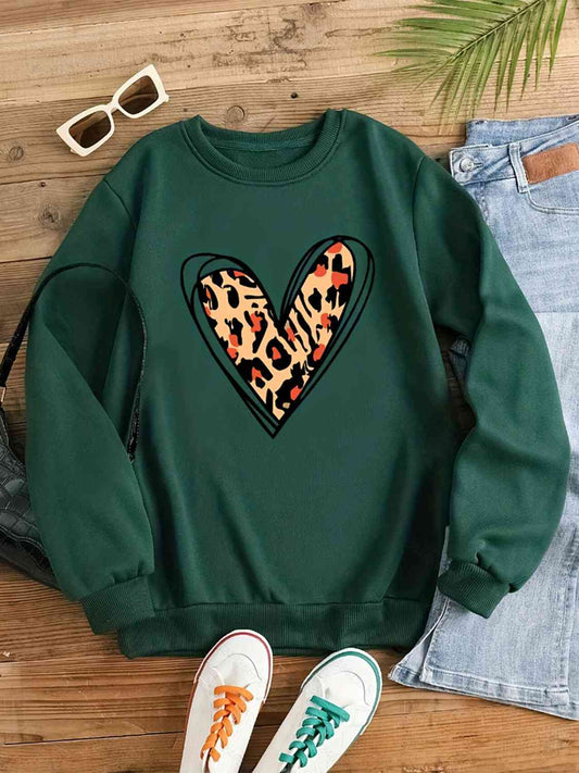 Leopard Heart Round Neck Long Sleeve Sweatshirt