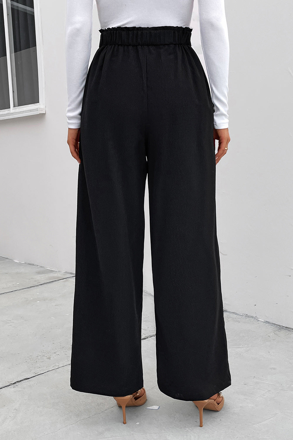 High Waist Ruched Pocketed Wide Leg Pants