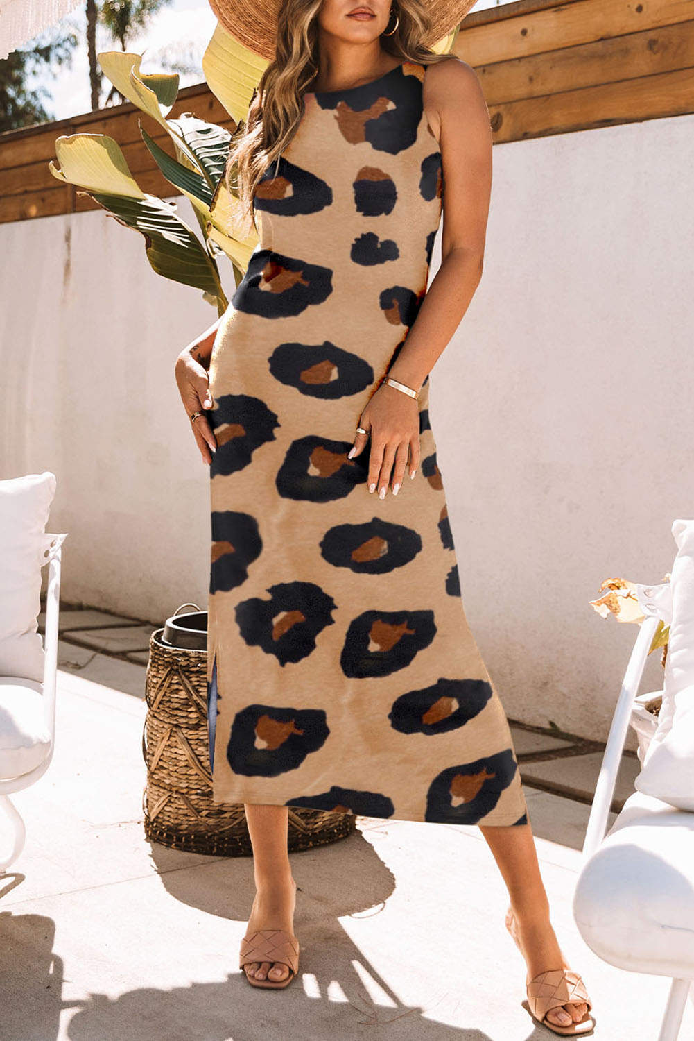 Uylee's Boutique Leopard Round Neck Sleeveless Midi Dress