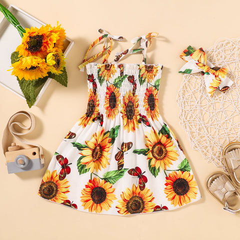 Uylee's Boutique Sunflower Print Smocked Tie Shoulder Dress