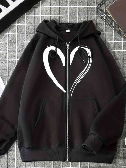 Heart Graphic Drawstring Hoodie with Pockets