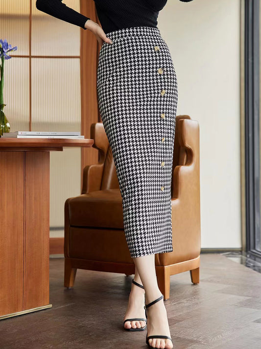Uylee's Boutique Houndstooth Decorative Button Slit Midi Skirt