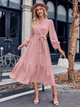 Uylee’s Boutique Swiss Dot Belted Surplice Puff Sleeve Midi Dress