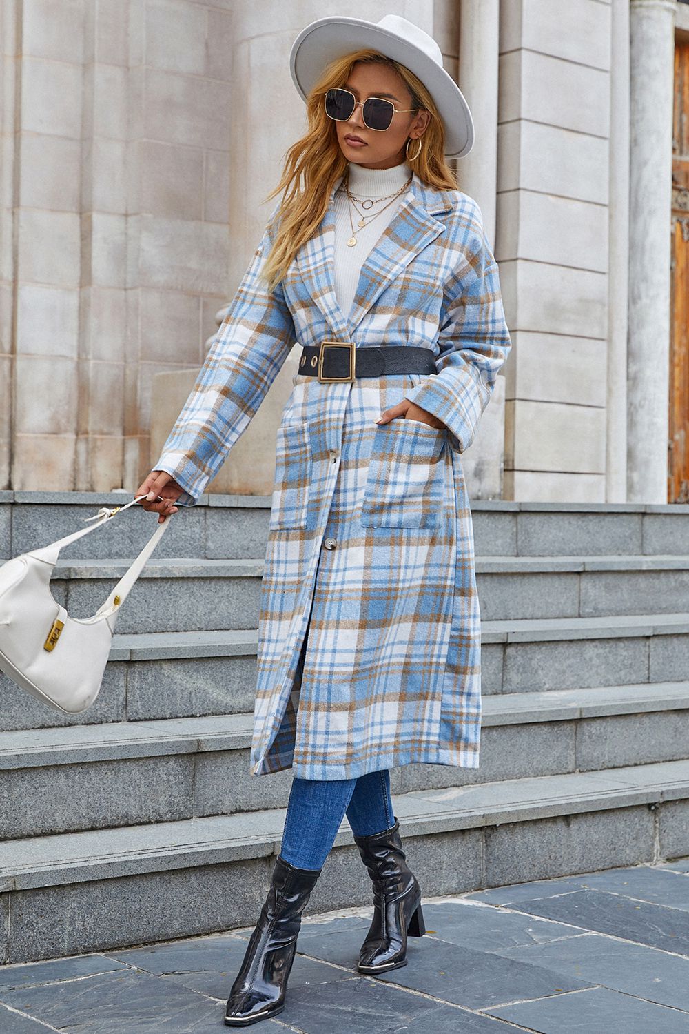 Plaid Long Sleeve Lapel Collar Coat