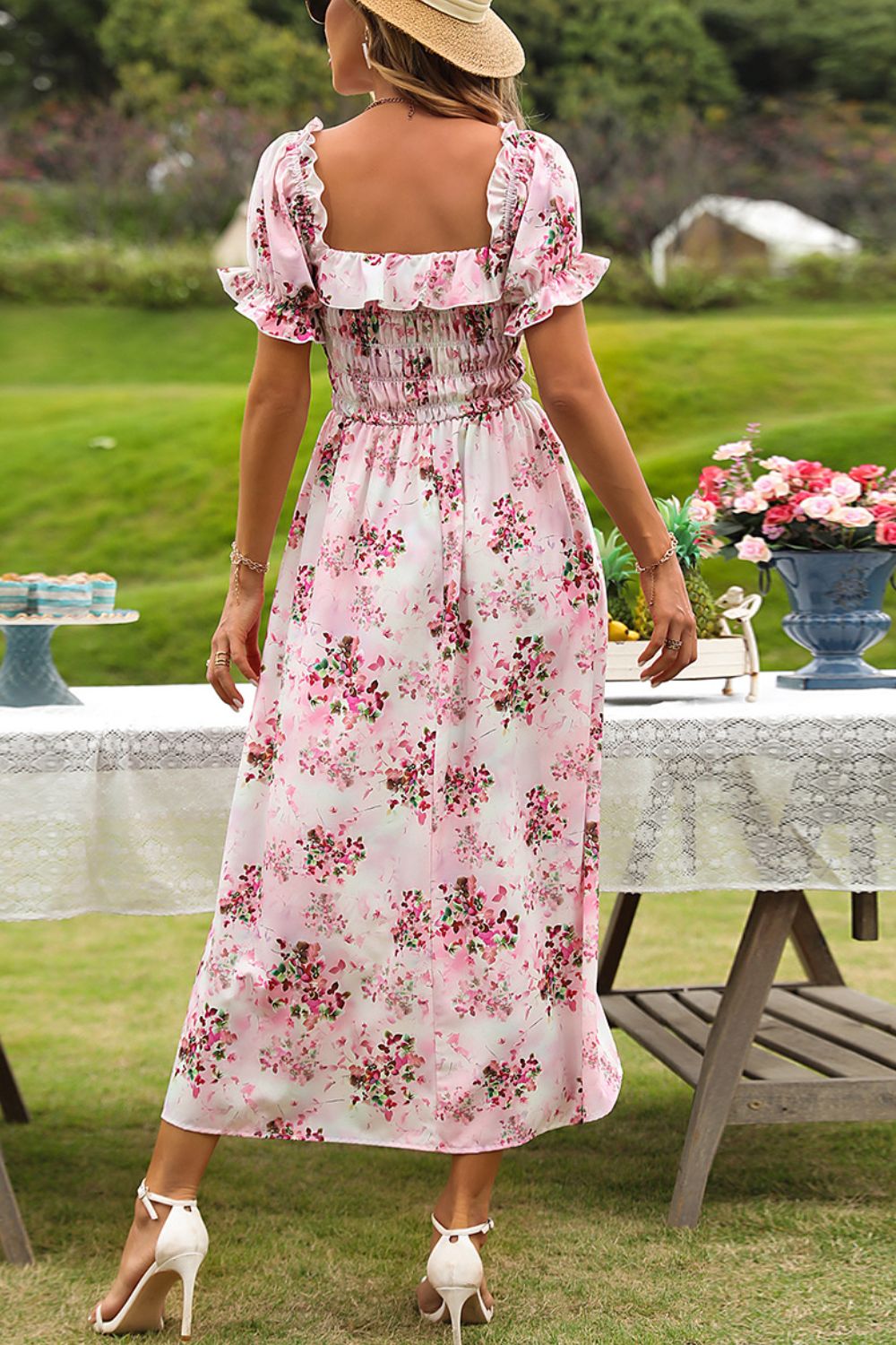 Uylee's Boutique Floral Square Neck Flounce Sleeve Midi Dress