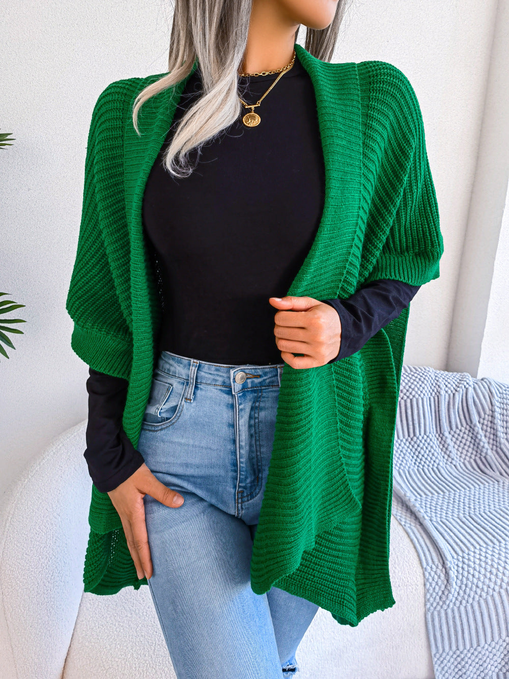 Horizontal Ribbing Open Front Slit Cardigan