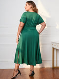 Uylees Boutique Plus Size Short Sleeve Surplice Neck Midi Dress