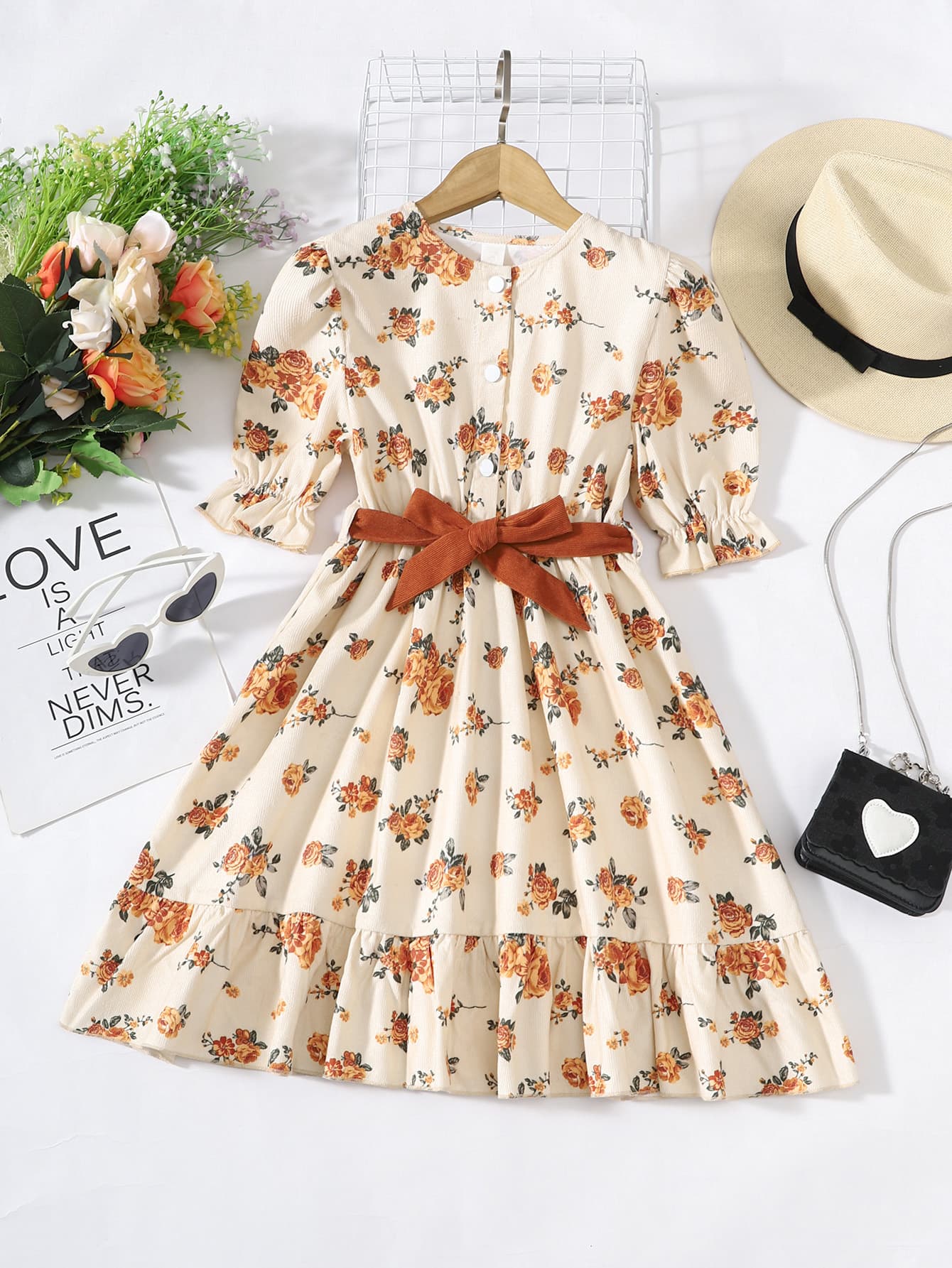 Girls Floral Tied Puff Sleeve Dress, Age: 8 - 12 years old