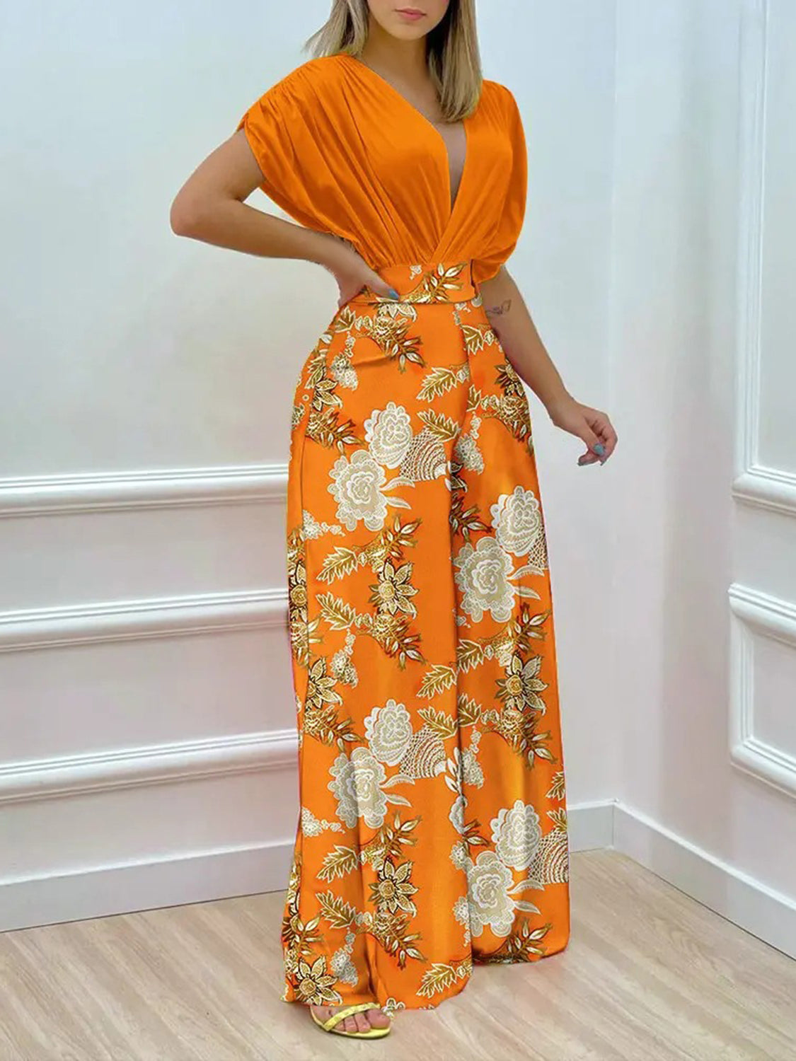 MUST WEAR AN INNER BLOUSE FOR THIS ITEM FOR MODESTY  - Printed Surplice Top and Wide Leg Pants Set