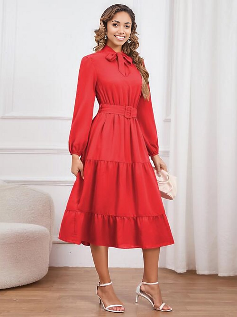 Tie Neck Long Sleeve Tiered Dress