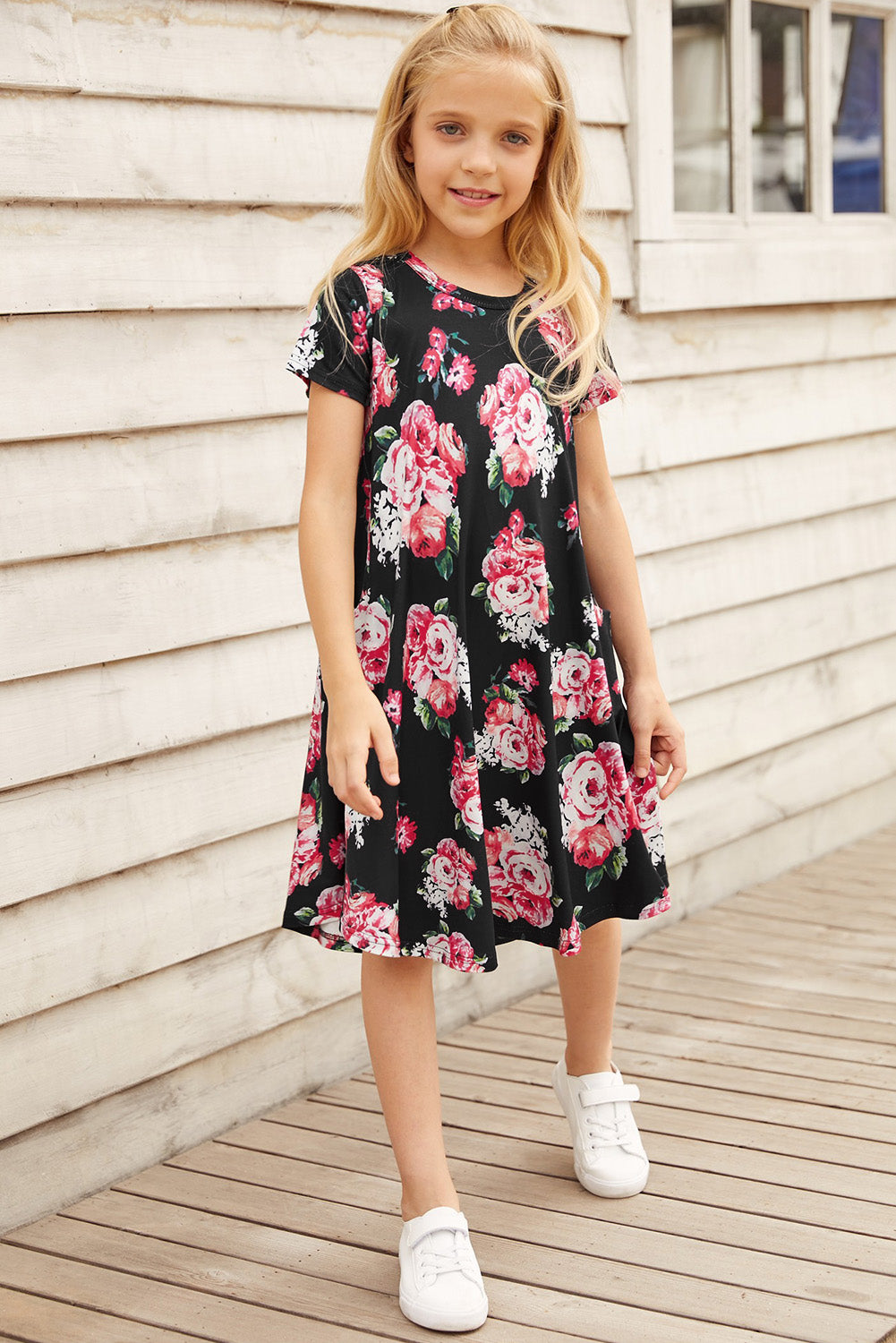 Girls Floral Round Neck Short Sleeve Dress with Pockets, Sizes 4Y - 11Y