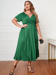 Uylees Boutique Plus Size Short Sleeve Surplice Neck Midi Dress
