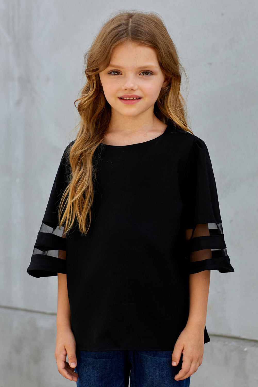 Girls Sheer Striped Flare Sleeve Tee Shirt, Availble in Black or White, Sizes 4T - 12