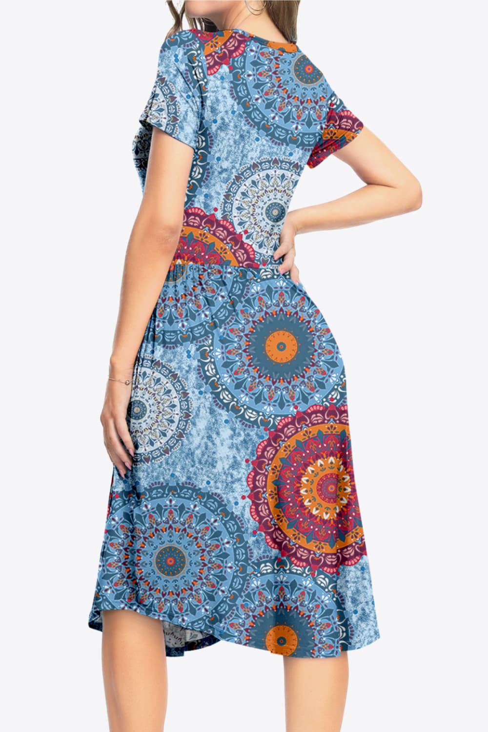 Uylee's Boutique Printed Round Neck Short Sleeve Dress with Pockets