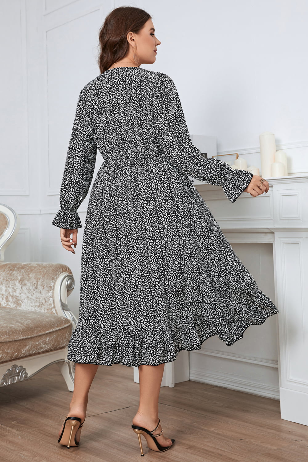 Plus Size Printed V-Neck Flounce Sleeve Midi Dress