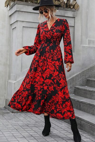 Red Printed Surplice Balloon Sleeve Midi Dress