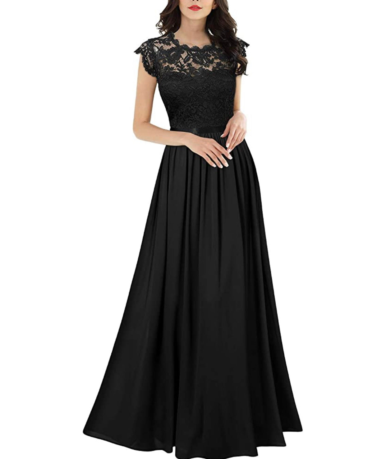 Formal Floral Lace Long Length Dress, Sizes Small - 2XLarge (Black Dress)