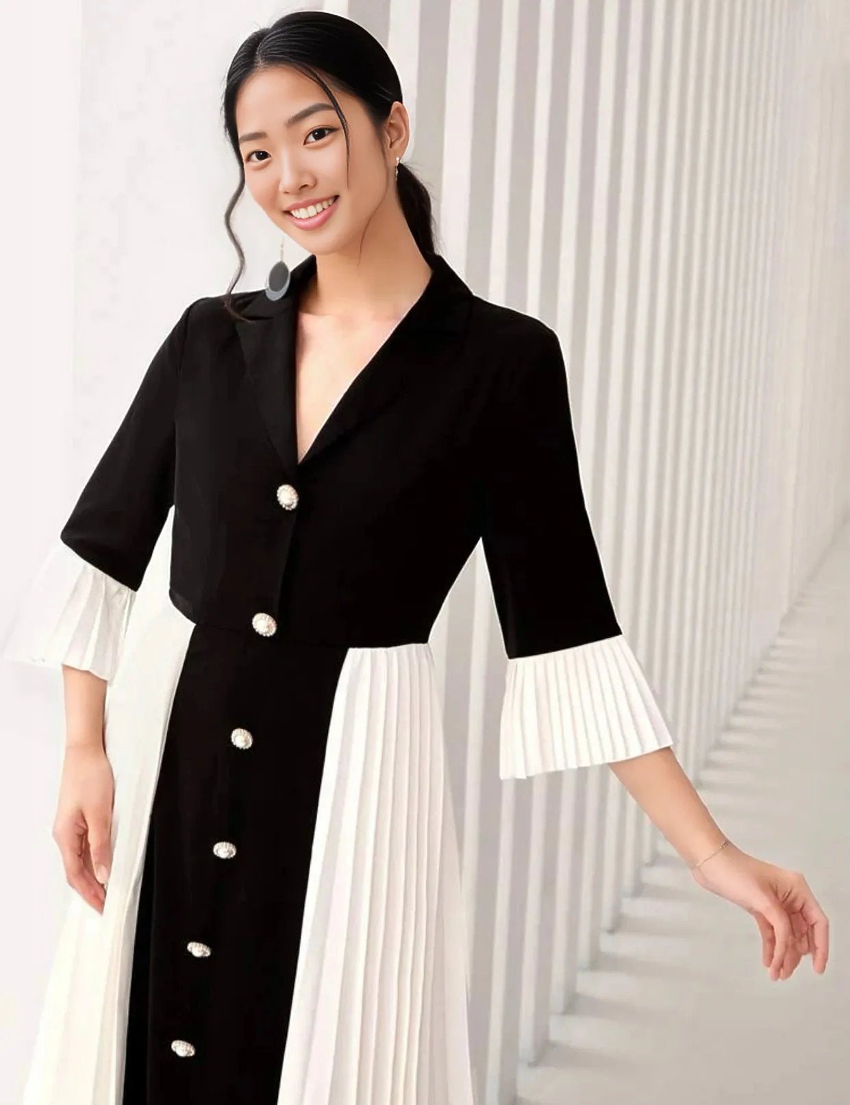 Color Block Lapel Collar Dress