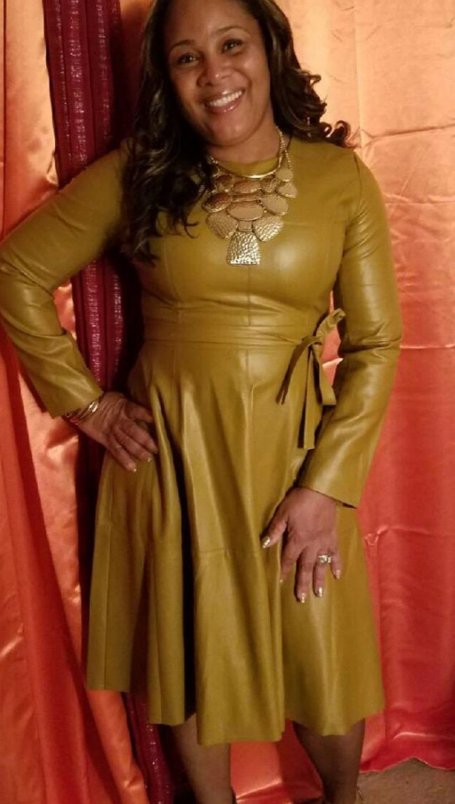 Faux Leather Midi Dress with Belt, US Sizes 2 - 12, Mustard and Black Available