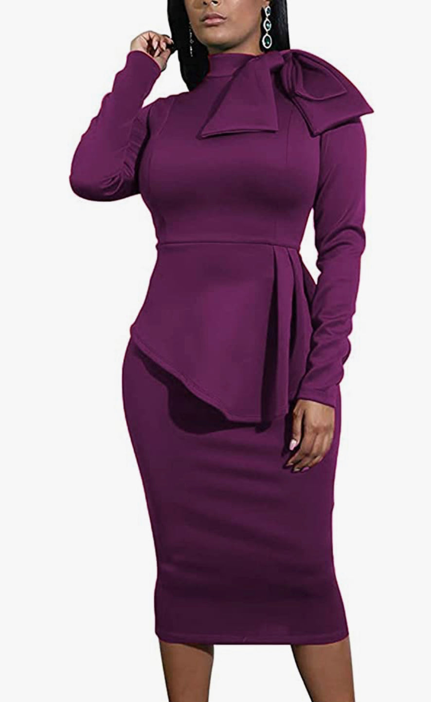 Peplum Short Sleeve Bow Knot Dress, US Sizes 4 - 20 (Small - 2XLarge) Rose or Purple