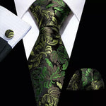 Men’s Silk Coordinated Tie Set - Green Black Greenery Paisley