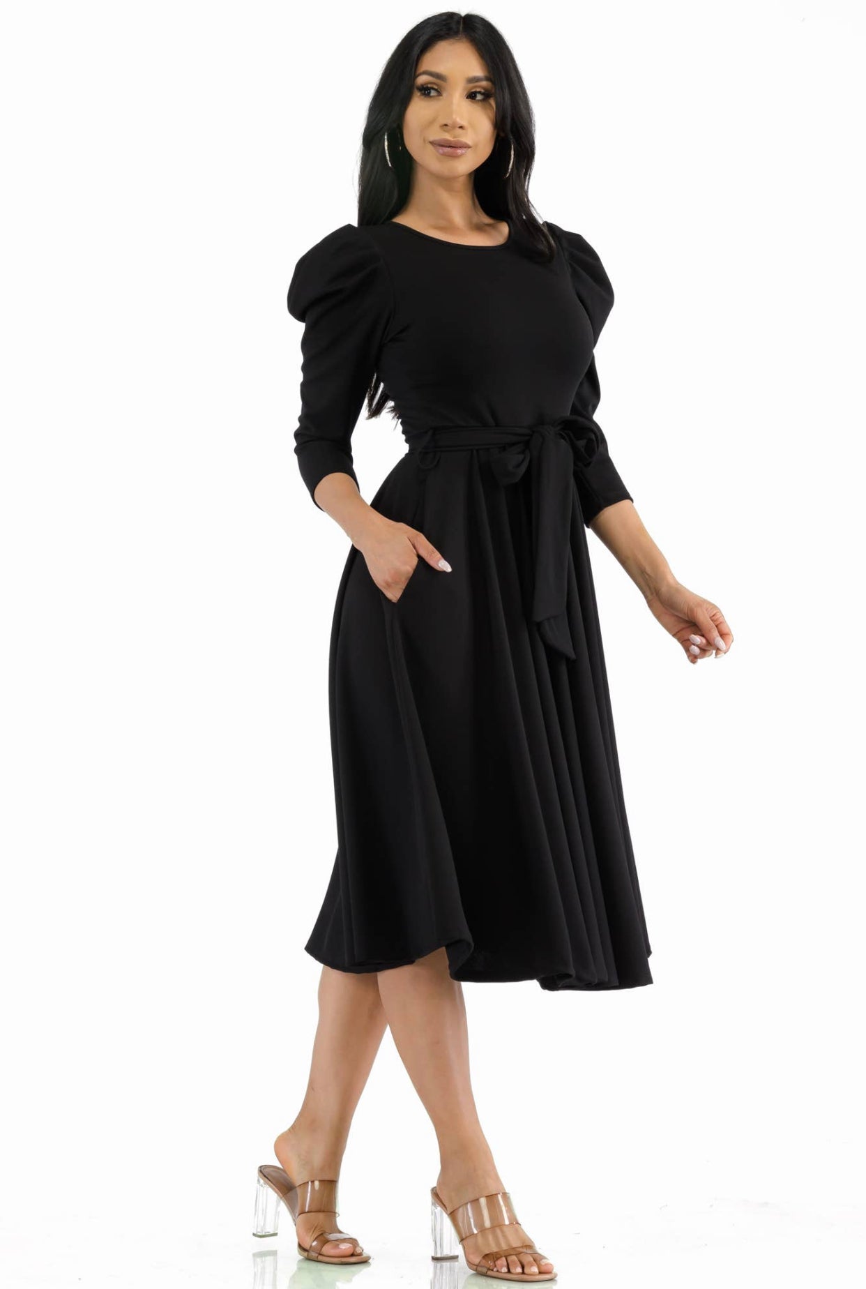 Puff Sleeve Cocktail Dress, Sizes 1X - 3X (Black)