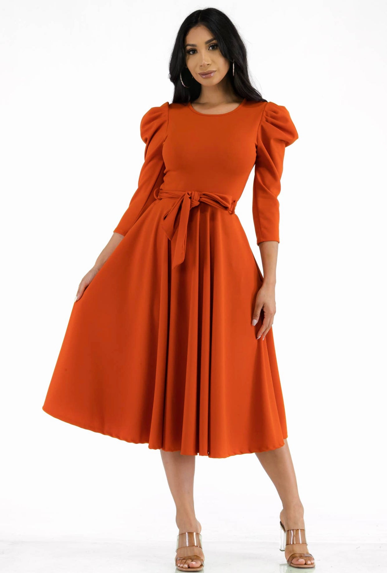 Puff Sleeve Cocktail Dress, Sizes 1X - 3X (Rust Color)