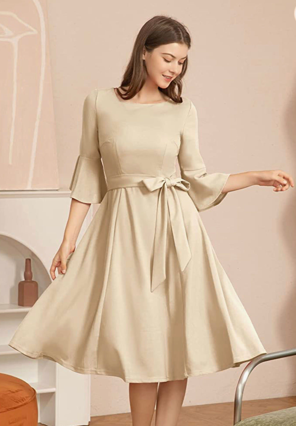 Elegant Bell Sleeve Cocktail Dress, Sizes Small - 3XLarge (Champagne)