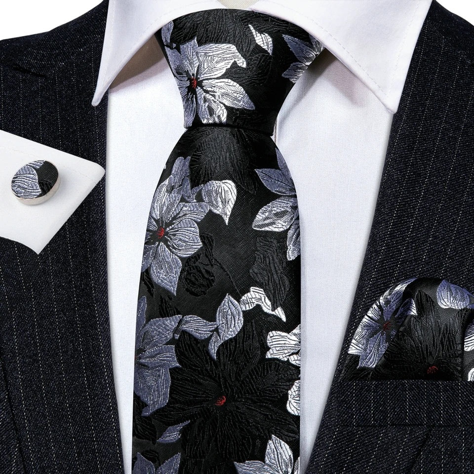 Men’s Silk Coordinated Tie Set - Black Silver Rose (5963)