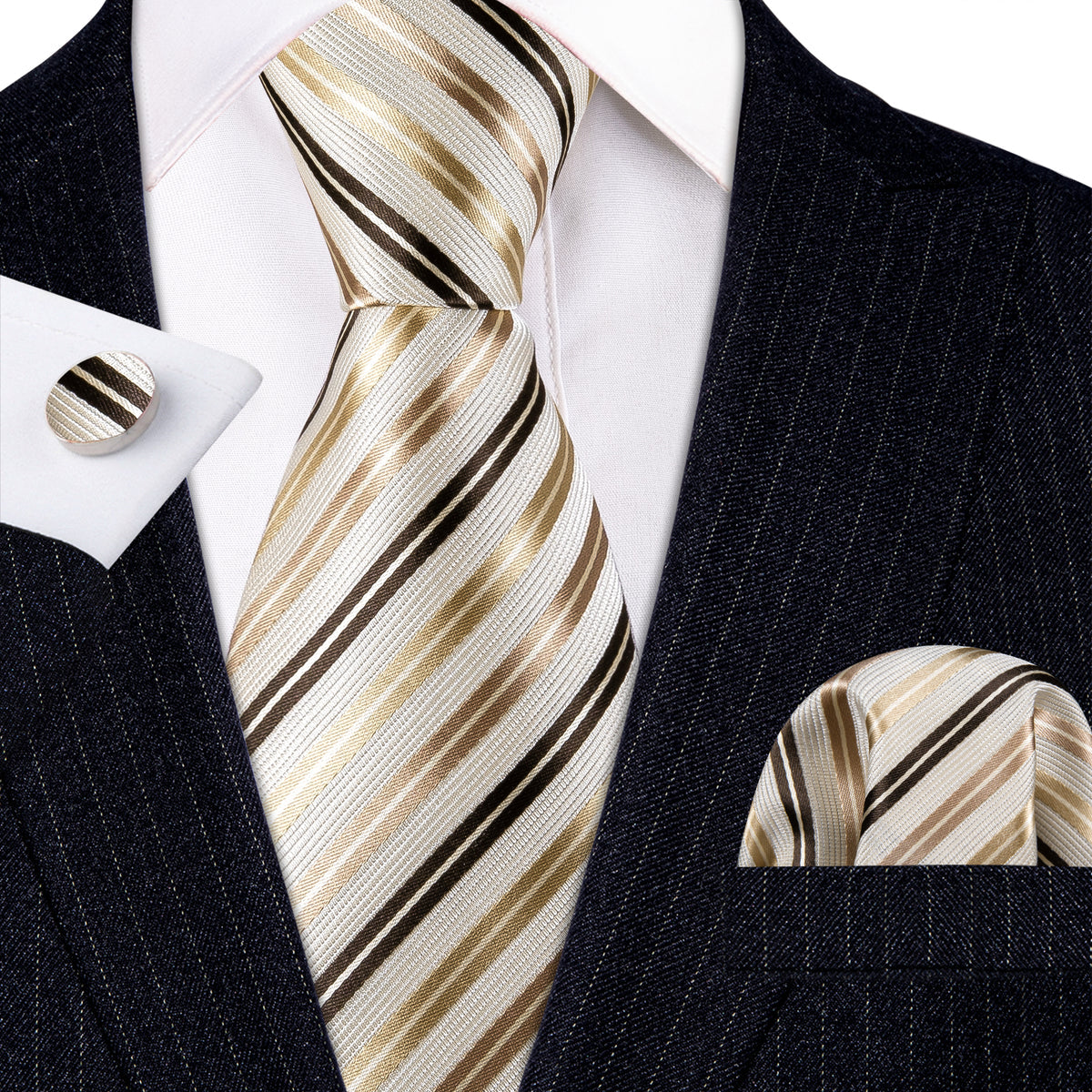 Men’s Silk Coordinated Tie Set - Brown Gold Beige Striped (5434)
