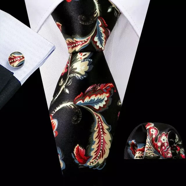Men’s Silk Coordinated Tie Set - Black Tan Red Floral (5377)
