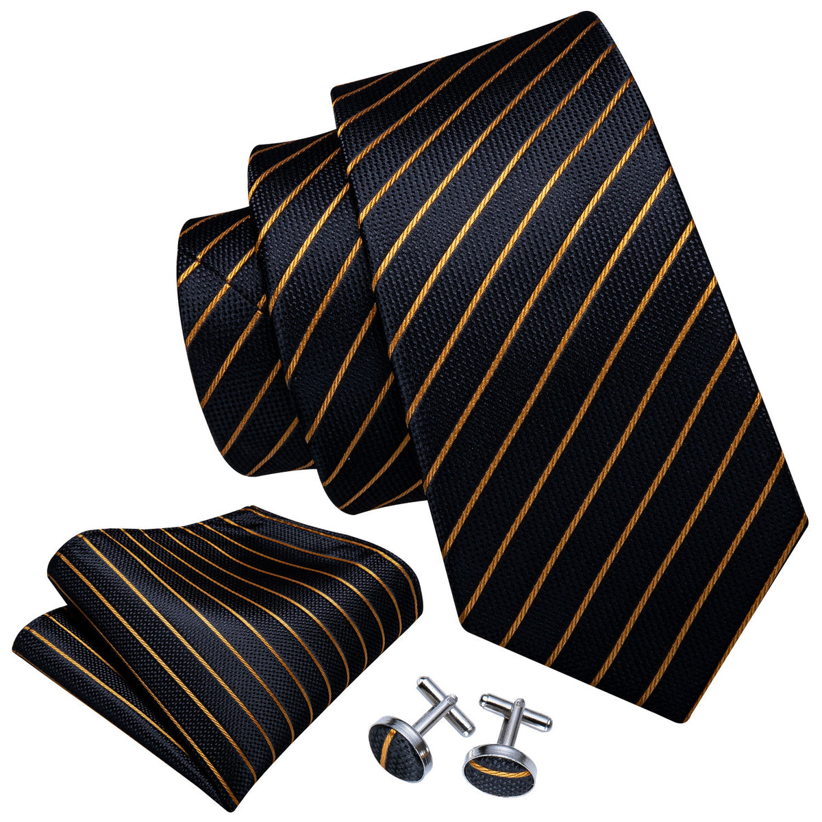 Men’s Silk Coordinated Tie Set - Black Gold Single Striped (5218)