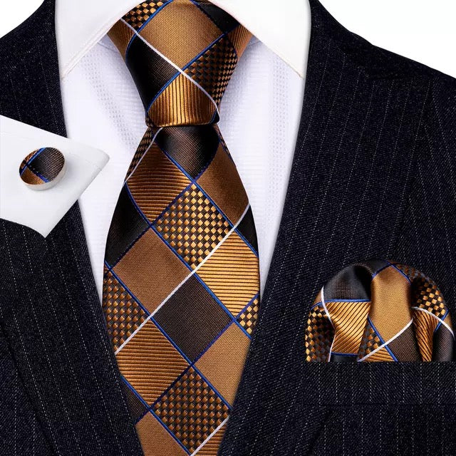 Men’s Silk Coordinated Tie Set - Golden Brown Square