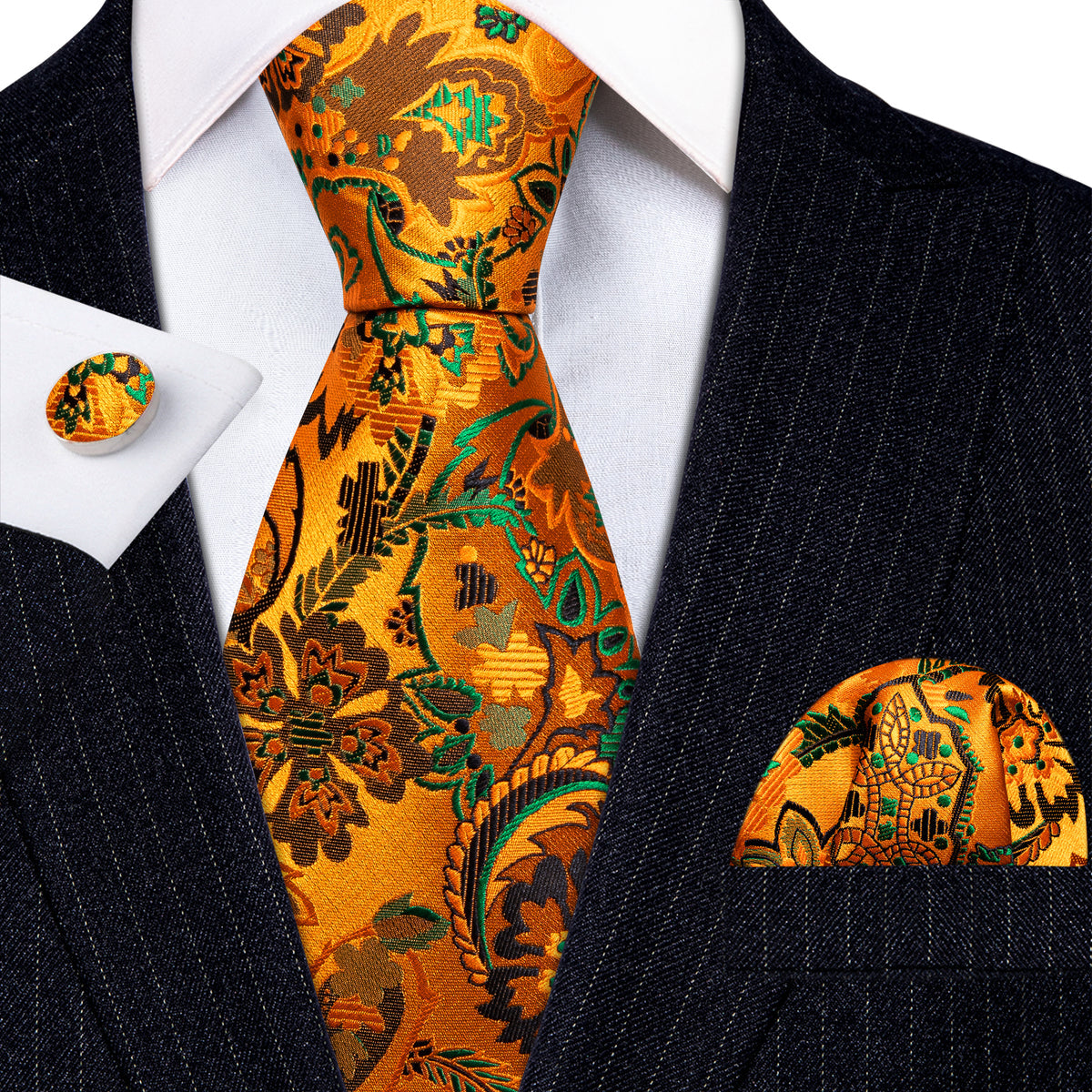 Men’s Silk Coordinated Tie Set - Golden Orange Floral (5951)