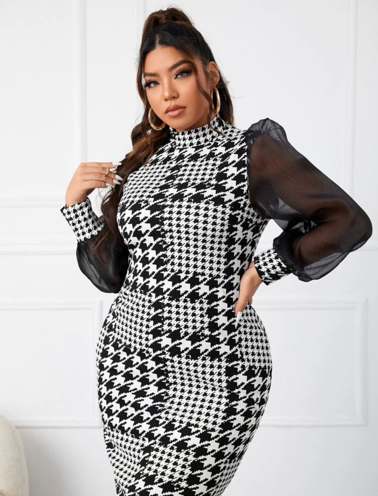 Houndstooth Print Mesh Sleeve Ladies Dress, Sizes Small - 4XLarge (US Sizes 4 - 20)