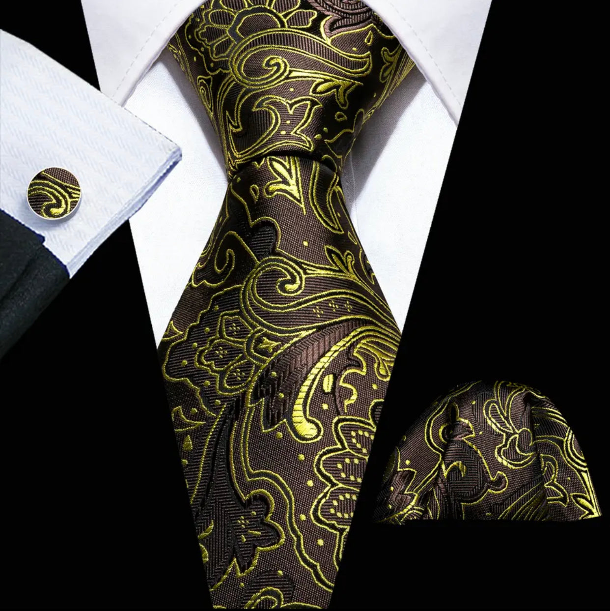 Men’s Silk Coordinated Tie Set - Brown Green Paisley (5928)