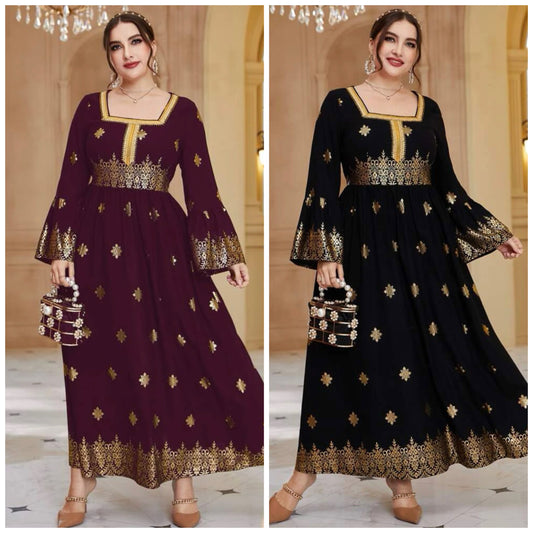Elegant Arabic/Indian Golden Floral Trumpet Sleeve Dress, US Sizes 12 - 22