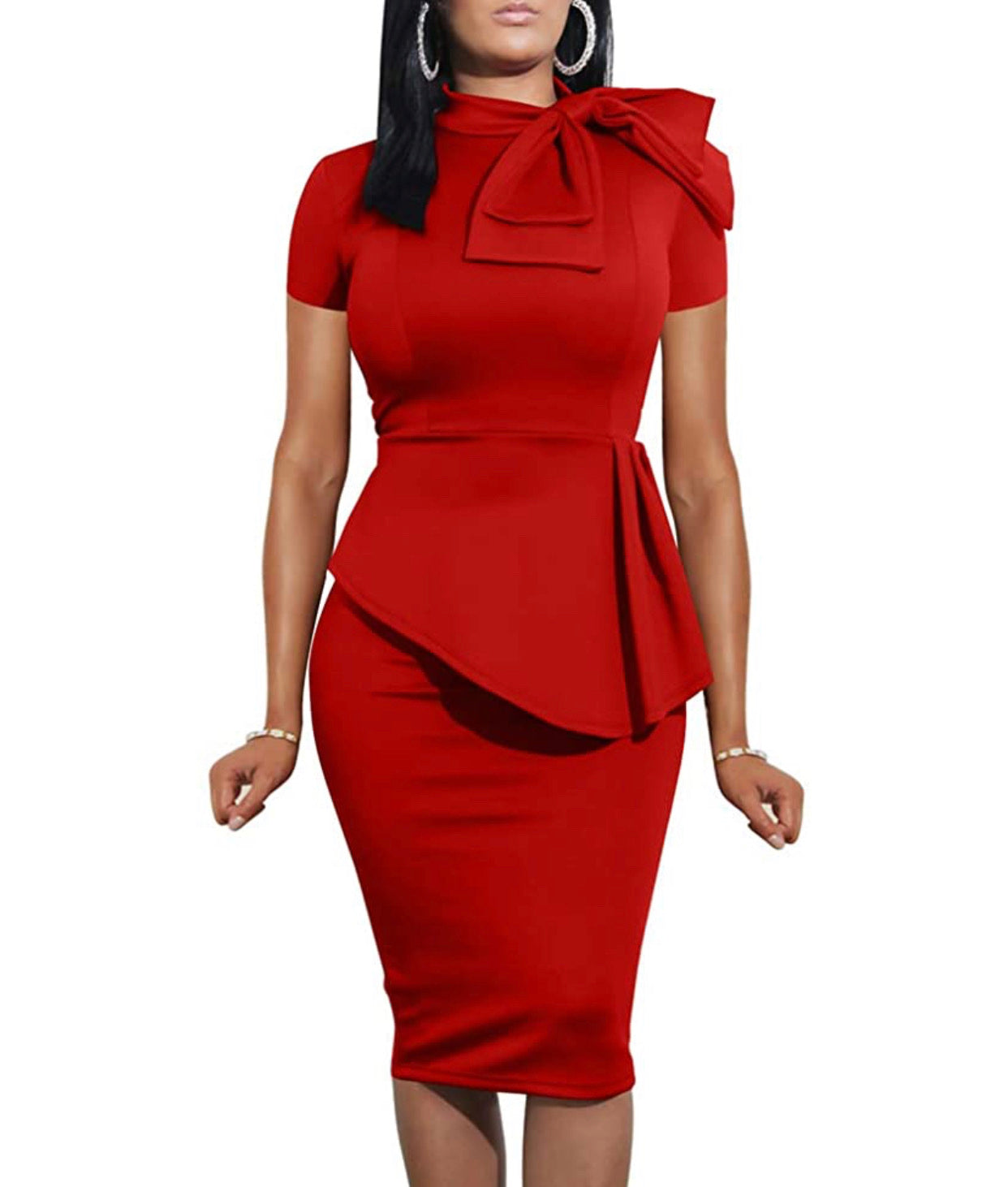 Peplum Short Sleeve Bow Knot Dress, US Sizes 4 - 20 (Small - 2XLarge) Red or White