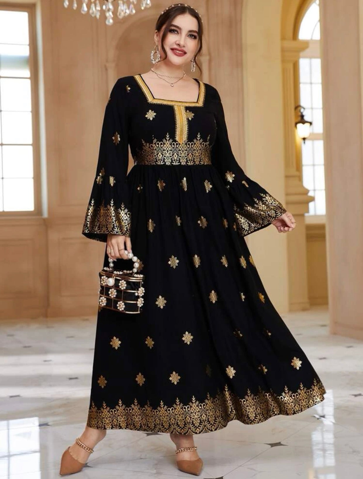 Elegant Arabic/Indian Golden Floral Trumpet Sleeve Dress, US Sizes 12 - 22