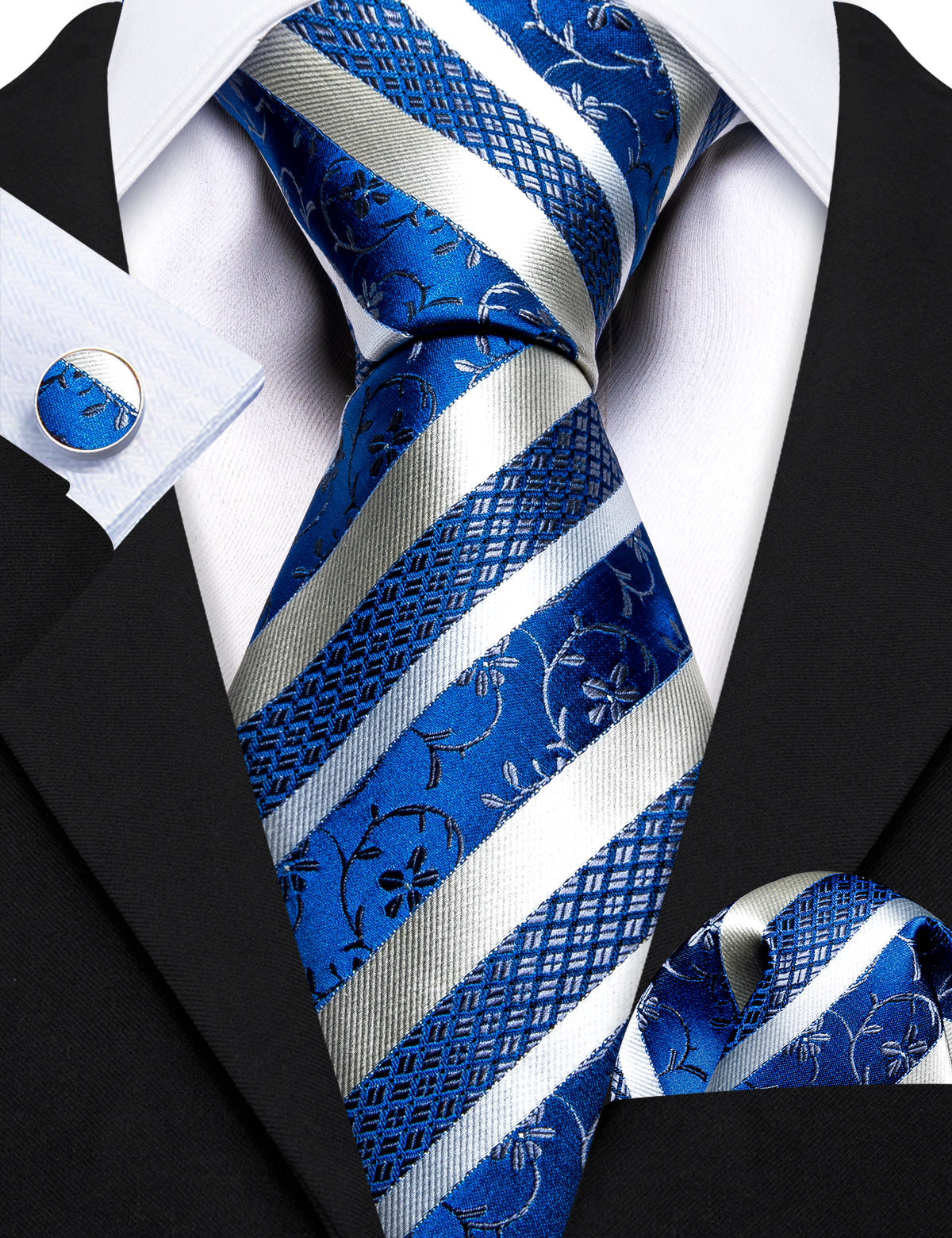 Men’s Silk Coordinated Tie Set - Silver Blue Striped Paisley (6066)